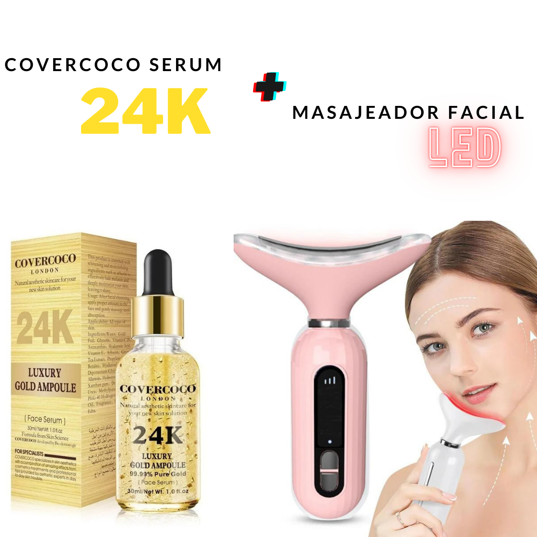 PACK MASAJEADOR FACIAL Y DE CUELLO LED + SERUM 24K